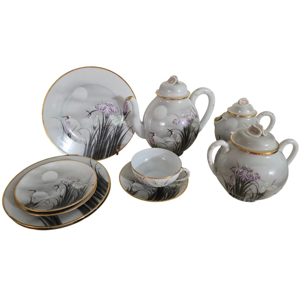 Vintage Porcelain Tea Set Cranes Irises‎ Moon Gold Trim Teapot Plates 9pc Set